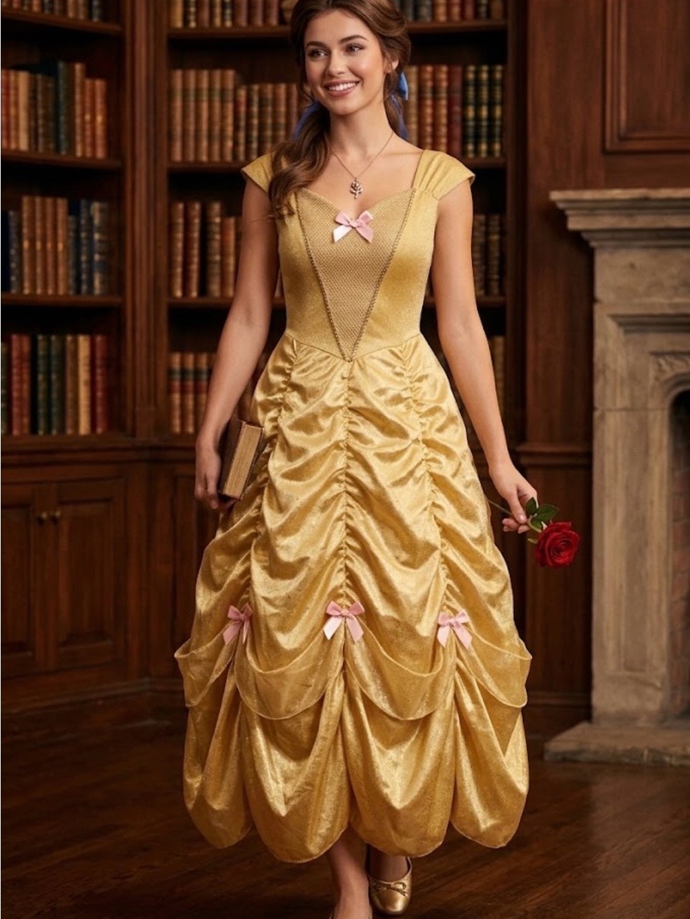 Disney Beauty & Beast Belle Gold Costume Ball Gown Ruched Skirt Pink Bows L/XL